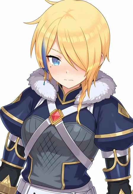 masterpiece, best quality, amazing quality, best quality, amazing quality, simple background, white background, Claire-Liver020-wattpad, solo, 1girl, blonde hair, hair over one eye, multicolored hair, earrings, streaked hair, blue eyes, armor, short hair, mole, mole under eye, fur trim, braid, jewelry, streaked hair, earrings, belt, outfit1, breastplate, perfect eyes, perfect eye, ornaments