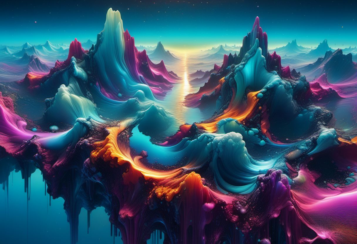 3D Landscape, where motion takes shape, Reflective, glassy, vibrant, amid a cosmic dance of the nebula, glitch-art, UV fluorescence brings to life the ethereal beauty of a nebula (by Alberto Seveso), deconstruction, beautiful lines, a 3D and plasticine look and feel, intricate collage playing with scales,colorful liquid threads,final 3d render,(((masterpiece))),(((best quality))), ((ultra-detailed)), UHD,HDR,64K, --v 6