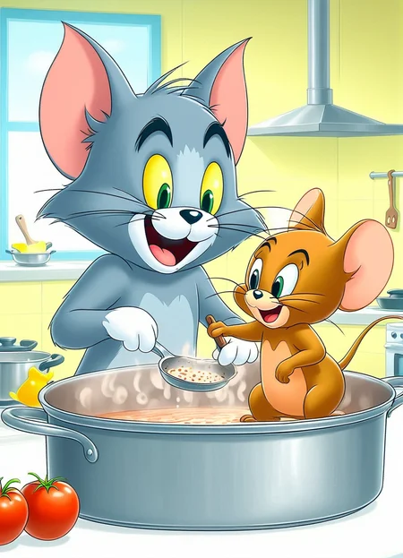 (Jerry in the pot:1.3), Tom is cooking,  <lora:Tom&Jerry_V01_multi:0.8> Tom&jerry,  cartoon, cute Tom the grey cat, cute Jerry the brown mouse,