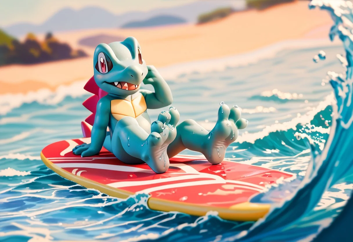 score_9, score_8_up, score_7_up, score_6_up, <lora:POKEMON_TOTODILE:1> totodile, pokemon (creature), blue feet, 3 toes, foot focus, feet style, foot style, water, surfing, feet on surfboard, wet on feet