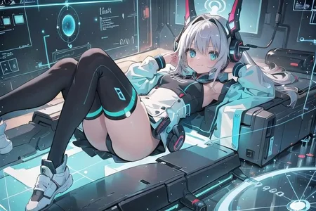 (masterpiece), (science fiction:1.4), 1girl, lying on the back on a mirror, lying on the back on a mirror, lying on the back on a mirror, smile, silver hair, aqua eyes, headgear, long sleeves, detached sleeves, glowing energy clothing, light particles, energy particles, perfect hands, perfect legs