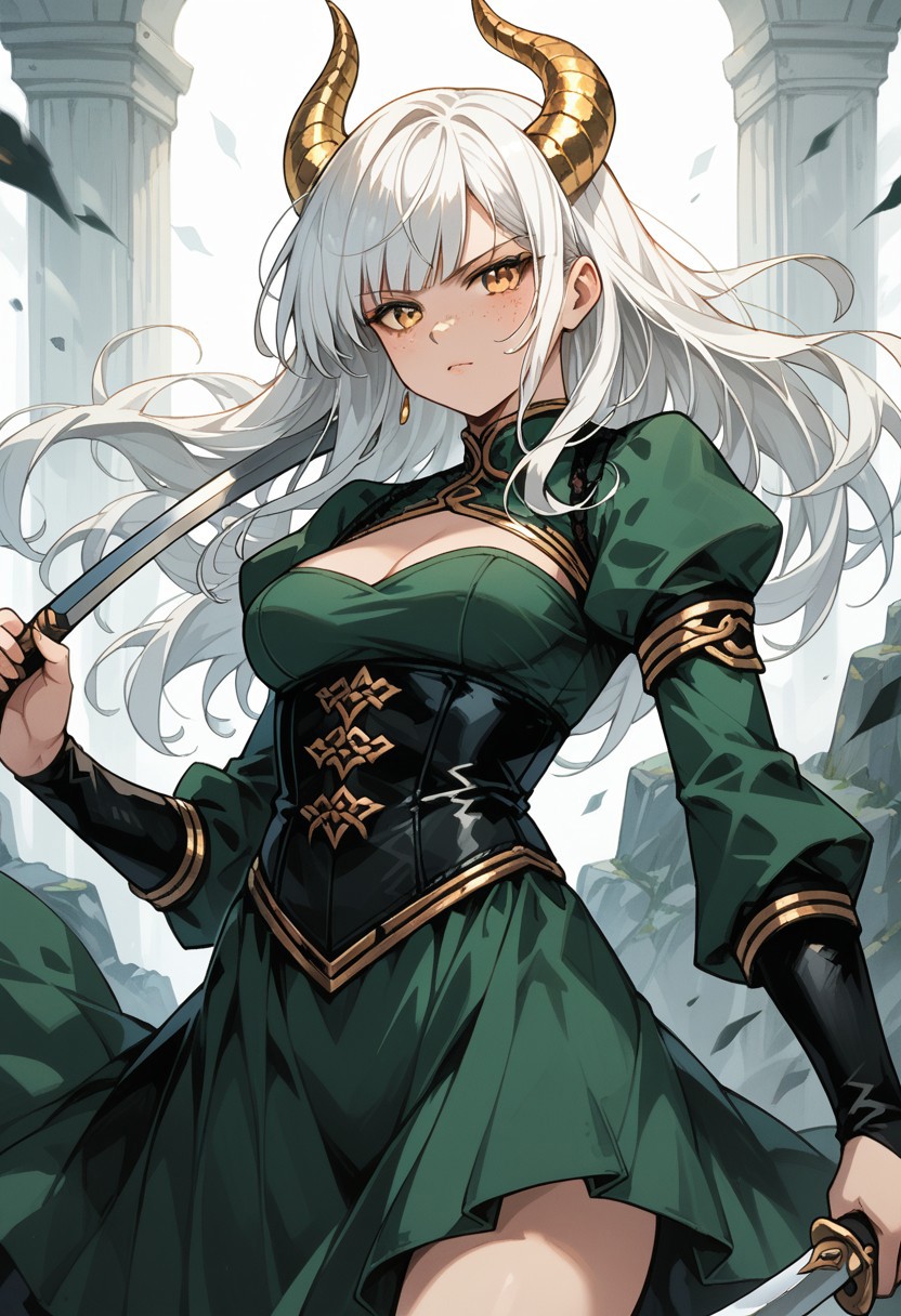 score_9, score_8_up, score_7_up, score_6_up, score_5_up, 1girl, solo, gold twisted ram's horns, freckles, white hair, long hair, long bangs, golden eyes, pale skin, green dress, medium breasts, black underbust corset, breasts cutout, medium shot, view from aside, holding weapon, blade, dynamic pose, action pose,
drknmv1
