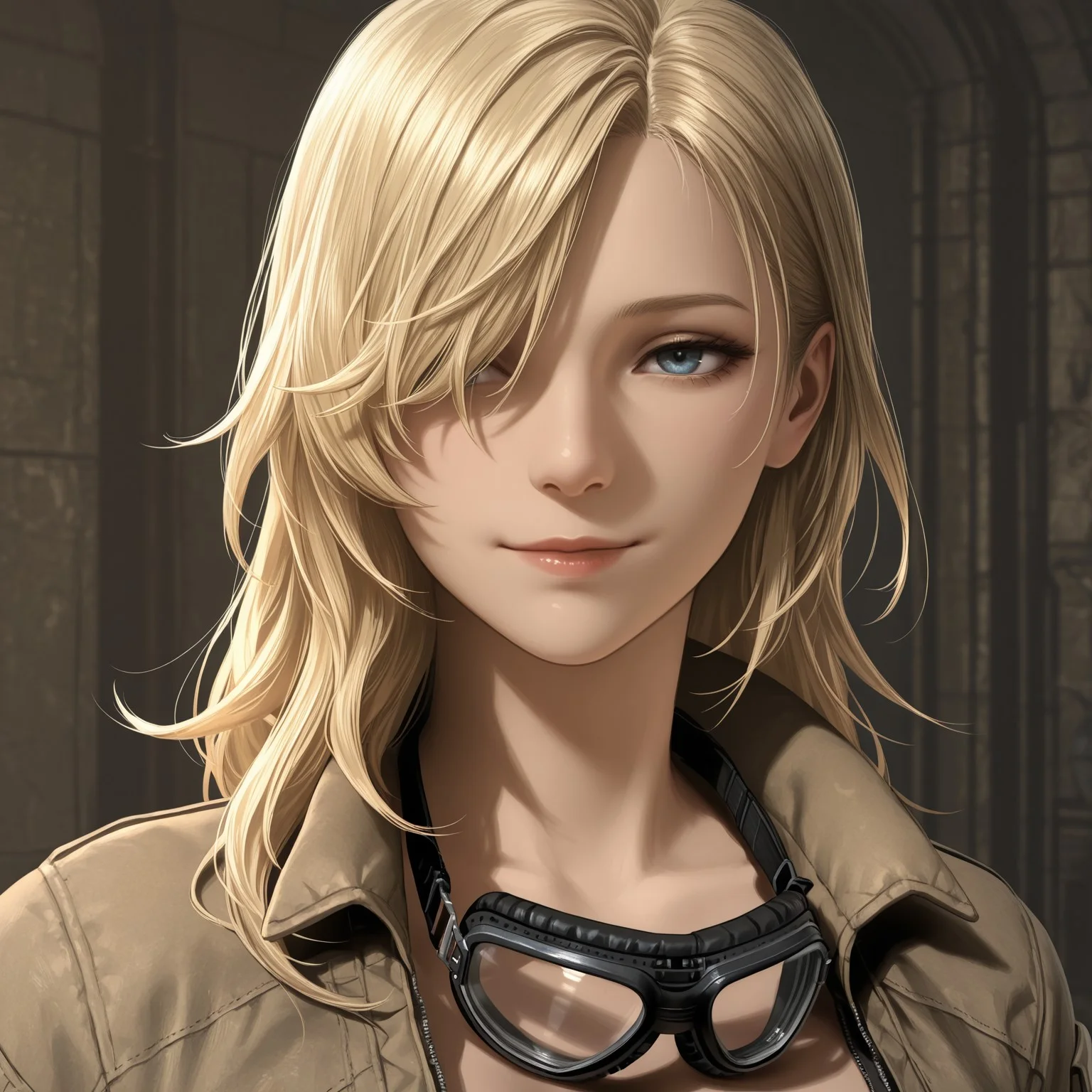safe_pos, (((masterpiece))), (((high quality))), (((4k))), (((best quality))), (((very aesthetic))), (semirealistic_stye), 1girl, MGS Eva, seductive, blonde hair, long hair, hair over one eye, blue eyes, light smile, goggles around neck, open bike suit, face closeup, from in front