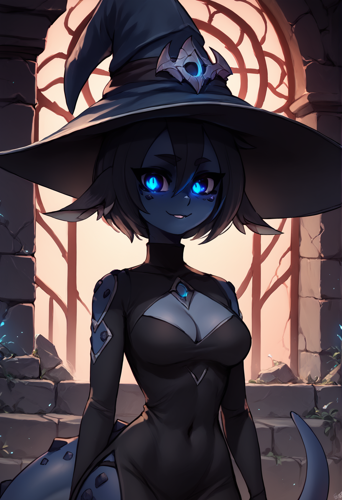(score_9, score_8_up), score_7_up, zPDXL, SqueakyStyle, (1girl), (blue skin), colored skin, masterpiece, best quality, glowing eyes, Smouldie, dark hair, short hair, tail, animal ears, <lora:Smolder_XL_Pony_Edition_v2:1>, blue hat, witch hat, long dress, black dress, cleavage cutout, silver ornament, glowing eyes, smile, upper body, indoors, stone walls, alchemy, fantasy <lora:Squeaky_Style_XL_Pony_SingleShot:1>