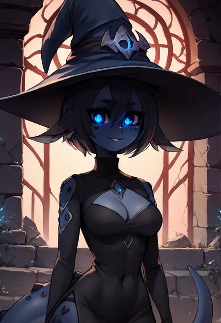 (score_9, score_8_up), score_7_up, zPDXL, SqueakyStyle, (1girl), (blue skin), colored skin, masterpiece, best quality, glowing eyes, Smouldie, dark hair, short hair, tail, animal ears, <lora:Smolder_XL_Pony_Edition_v2:1>, blue hat, witch hat, long dress, black dress, cleavage cutout, silver ornament, glowing eyes, smile, upper body, indoors, stone walls, alchemy, fantasy <lora:Squeaky_Style_XL_Pony_SingleShot:1>