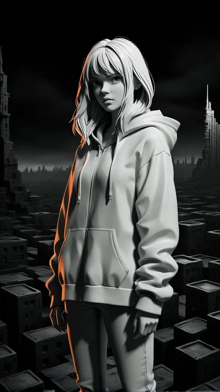 <lora:3DPrintingXL:1>,whitemold,3d printed mold,art style,greyscale,monochrome, Alice (Alice in Borderland), 1girl, solo, hair, hoodie and jeans, serious expression, standing in a cityscape, dark lighting with neon accents, dramatic tones.