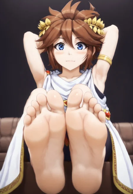 safe_pos, kiPit, Pit, kd icarus uprising video game, pit from kd icarus uprising video game, young, gold leaf wreath crown, white short chiton, exposed legs, angel wings, brown hair, blue eyes, solo, 1boy, blush, cute, happy, BREAK
sitting, couch, dark background, ((hand behind head pose)), ((armpit, showing armpit, smooth clean armpit)), BREAK
footstomp, barefoot, feet, foot focus, soles, toes, foreshortening, view from below, stepon, feet focus, pov, from below, Perfect_FeetXL, perfect feet, toe spread, toe scrunch