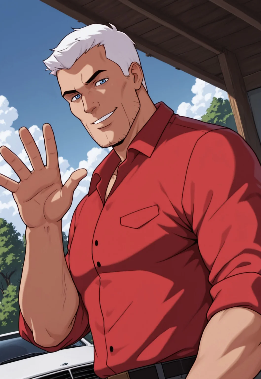 masterpiece, best quality, amazing quality, RaceBannon, blue eyes, short hair, red shirt, sleeves rolled up, white hair, mature male, muscular, upper body, looking at viewer, dynamic pose, smile, garage, outdoors, blue sky, clouds, tree, dutch angle, waving,