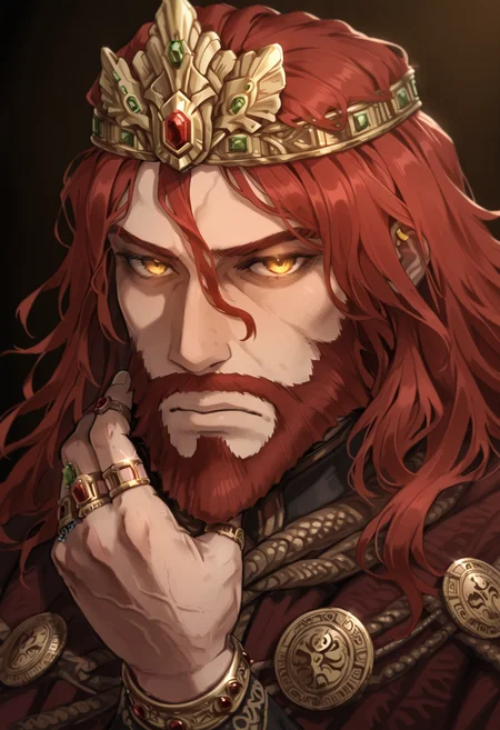 masterpiece, newest, absurdres, intricate, Rykard_EL, beard, (solo_focus:1.2),  facial hair, long hair, crown, male focus, 1boy, jewelry, red hair, ring, yellow eyes, simple_background, looking_at_viewer, 