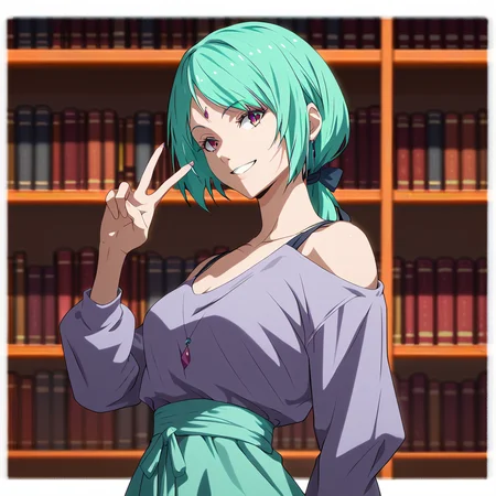 <lora:SlimesMjur:1>, score_9, score_8_up, score_7_up, slimes_mjur,  turquoise hair, woman, portrait, hands behind back, waist up shot, smiling, library background, peace handsign