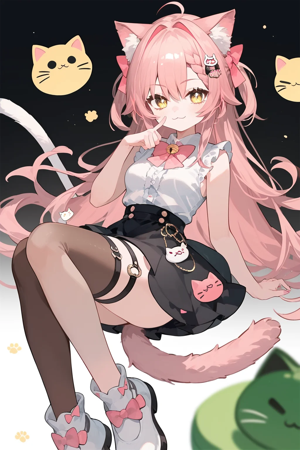 (score_9,score_8_up,score_7_up,),hiiro,<lora:hiiro-000008:1>,long hair,pink hair,animal ears,thighhighs,black skirt,cat tail,single thighhigh,sleeveless shirt,white shirt,pink bow,white footwear,brown thighhighs,yellow eyes,thigh strap,bare arms,pink bowtie,evil smile,