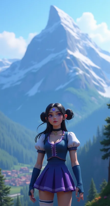 safe_pos, score_9, score_8_up, score_7_up, score_6_up, rating_explicit, score_9, score_8_up, score_7_up, A large majestic mountain with a village resting at its summit, a beautiful girl yodeling, subsurface scattering, Photorealistic, Hyperrealistic, analog style, realistic, film photography, soft lighting, photo, cinematography, high resolution, 8k, SyndraSGPrestigeXL, purple lips, purple eyelashes, purple eyes, black hair, two-tone hair, black and aqua hair, long hair, straight hair, double bun, sidelocks, hair ornaments, star forehead, earrings, black choker, medium breasts, detached sleeves, star guardian (league of legends), star (symbol), cleavage, blue dress, puffy sleeves, blue elbow gloves, fingerless gloves, purple skirt, white thighhighs, white thigh boots