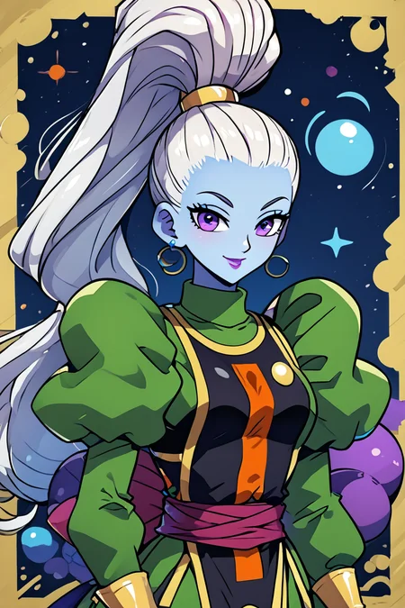 score_9, score_8_up, score_8, medium breasts, (curvy), cute, eyelashes, BREAK, , zzVados, long hair, ponytail, white hair, blue skin, hair pulled back, high ponytail, very long hair, purple eyes, long sleeves, puffy sleeves, sash, purple lips, dress, makeup, lipstick, <lora:Vados_DB_PDXL:0.8>, , BREAK, smile, looking at viewer, cowboy shot, ,,, embedding:zPDXL, Expressiveh, ,,, <lora:CuteToonPDXL:1.0>, <lora:SDXLFaeTastic2400:0.5>, <lora:Expressive_H-000001:0.4>,