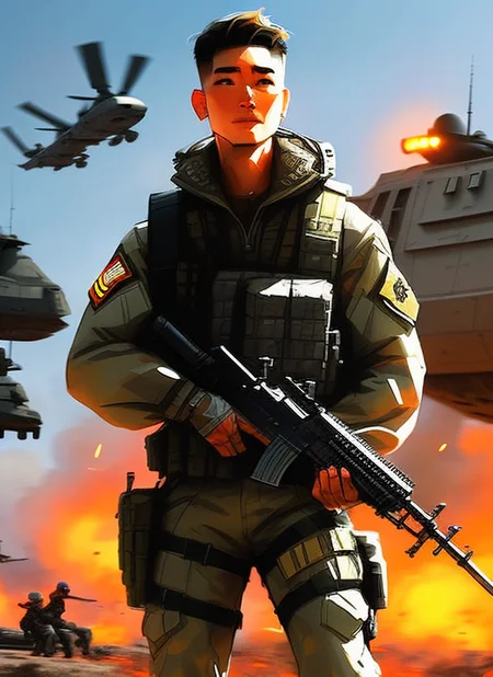samdoesarts; an image of man with military gear, cargo pants, (intricate), (detailed), digital art, dynamic pose, in a battlefield