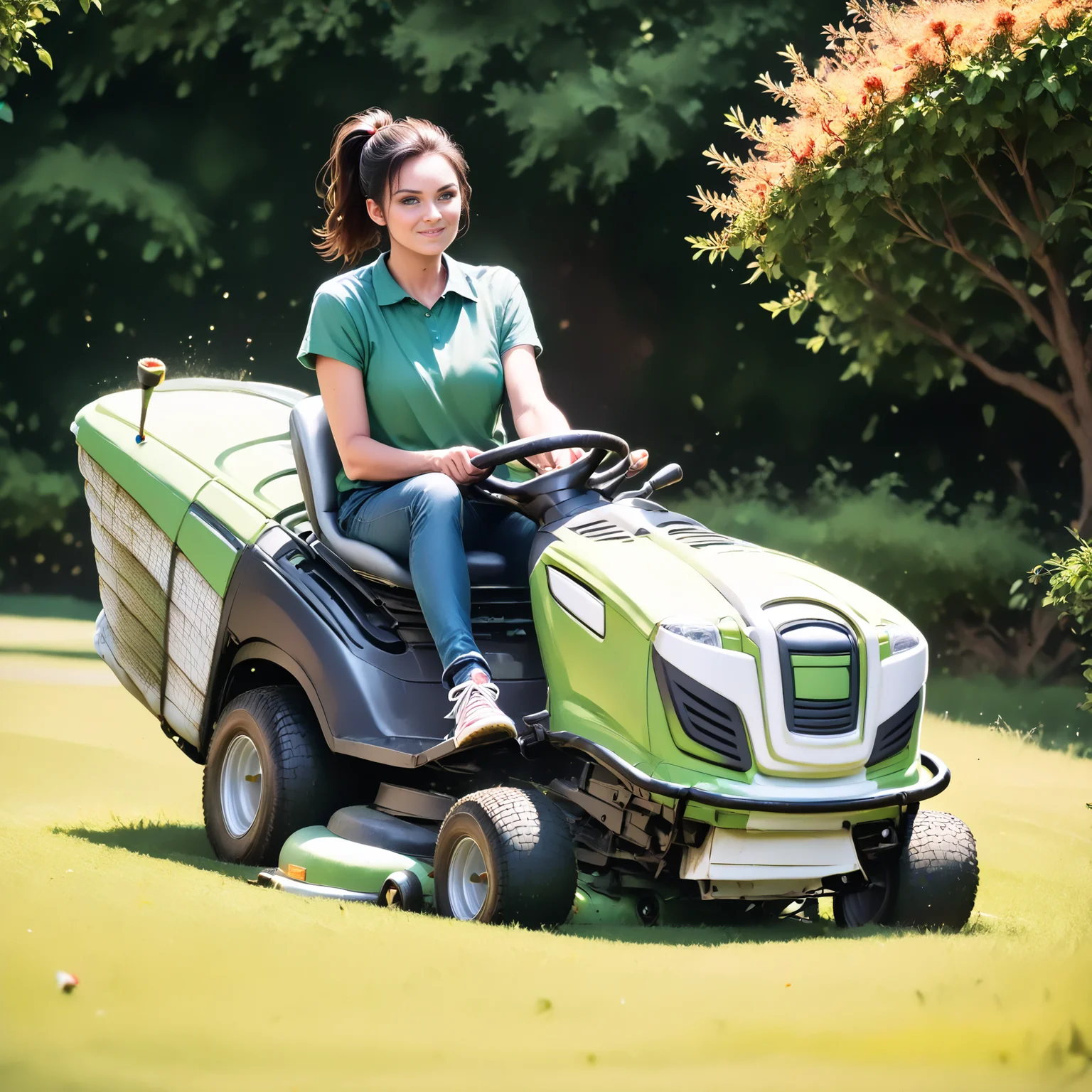 score_9, score_8_up, score_7_up, rilamo (side view) , (slim 25yo female) riding a lawn mower. green shirt, black hot-pants, sneakers , short brunette ponytail <lora:RideLawnMowerPony:1>