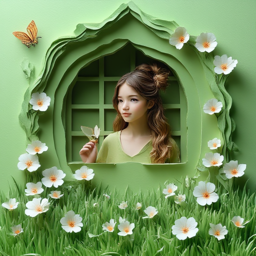 food, hair bun, window, green theme, long hair, paper cut, brown eyes, butterfly, bird, food focus, white flower, grass
