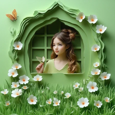 food, hair bun, window, green theme, long hair, paper cut, brown eyes, butterfly, bird, food focus, white flower, grass