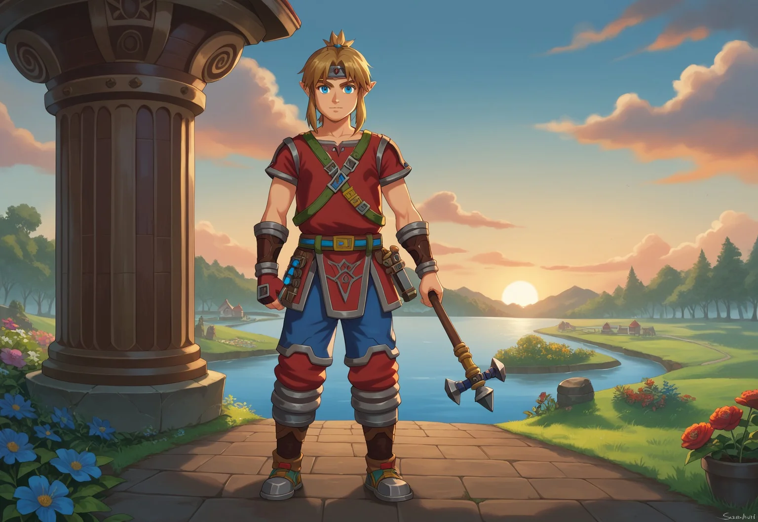 score_9, score_8_up, score_7_up, source_anime, anime coloring, village, detailed background
BREAK
flamebreaker set, solo, looking at viewer, blue eyes, simple background, 1boy, link, standing, full body, male focus, sheikah slate, goron symbol, holding giant weapon, hammer, sunset, clouds, garden.