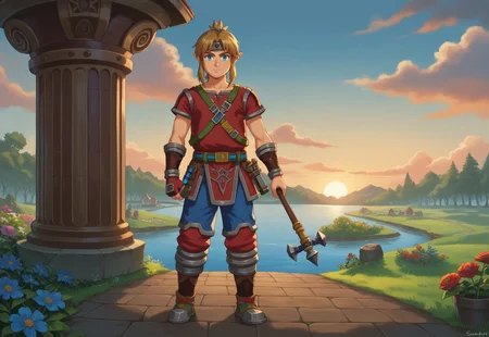 score_9, score_8_up, score_7_up, source_anime, anime coloring, village, detailed background
BREAK
flamebreaker set, solo, looking at viewer, blue eyes, simple background, 1boy, link, standing, full body, male focus, sheikah slate, goron symbol, holding giant weapon, hammer, sunset, clouds, garden.