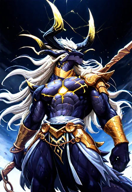 8K, In'ei, perfect depth of field shot, masterpiece, photographic realism, 8K CGI render, beautiful, sharp focus, crisp details, masterclass animation, source_anime, masterpiece,best quality,amazing quality, solo, steich, White long eyebrows, Small eyes, Eye Focus, Chest scar, Golden shoulder armor, Golden wristband, Thigh ring, tail, Holding a golden spear, Black sky, Lightning and thunder