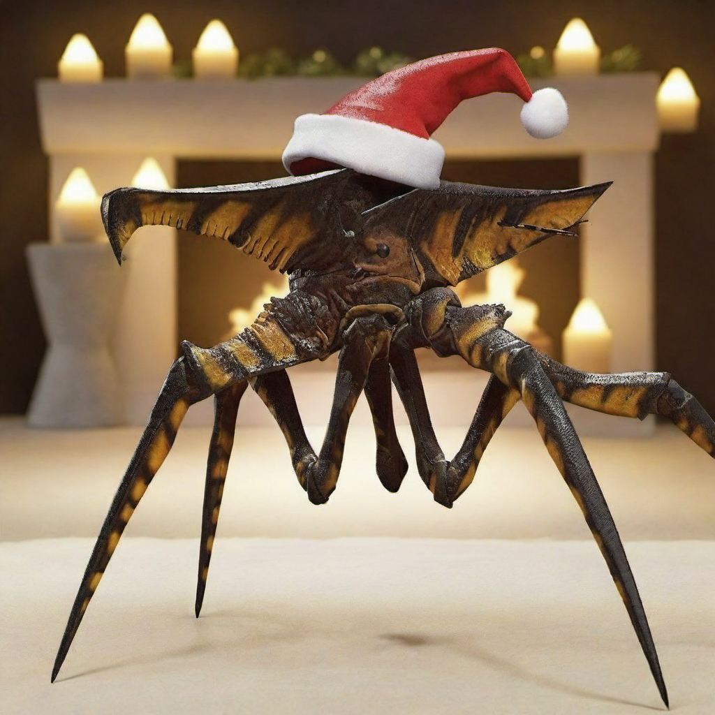 a giant bug wears a santa hat, christmas scenery, livingroom, fireplace, features intricate detail, detailed eyes, highly detailed, photography, ultra sharp, film, bokeh, professional, 4k  <lora:Starshiptrooper1024-000477:0.8> <lora:lcm_lora_sdxl:1> <lora:add-detail-xl:1>