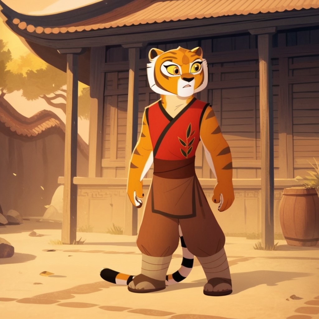 score_9, score_8_up, score_7_up, score_6_up, score_5_up, score_4_up, source_furry, tigresskfpv2, anthro, female, tiger, orange fur, amber eyes, yellow sclera, red vest, brown pants, leg wraps, sandals, outside