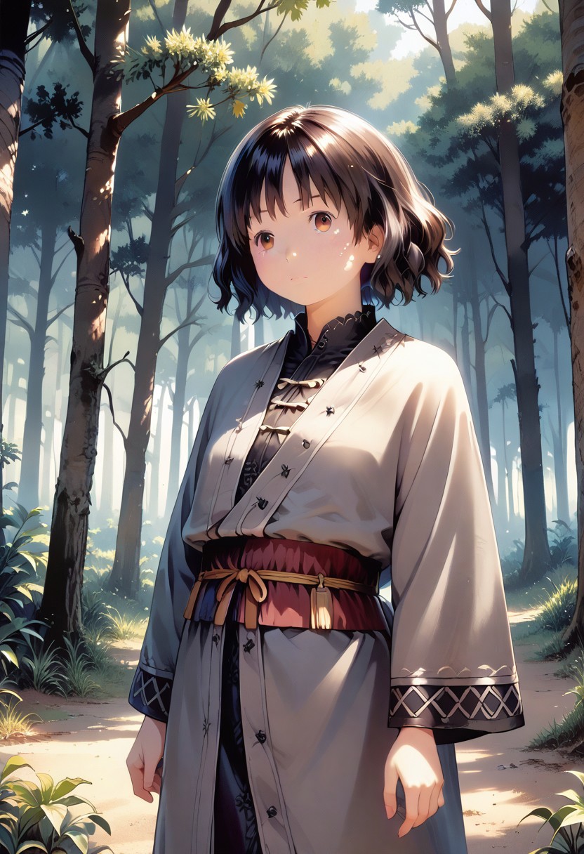 score_9, score_8_up, score_7_up, 1girl,TsubakiJP, (masterpiece), (best quality), (ultra detailed),(disheveled hair),(illustration), beautiful girl in gray robe standing in the dark forest, epic style, octane render, desert composition, beautiful face, hyperrealistic, oil on canvas, award-winning, masterpiece, trending on artstation, by Studio Ghibli