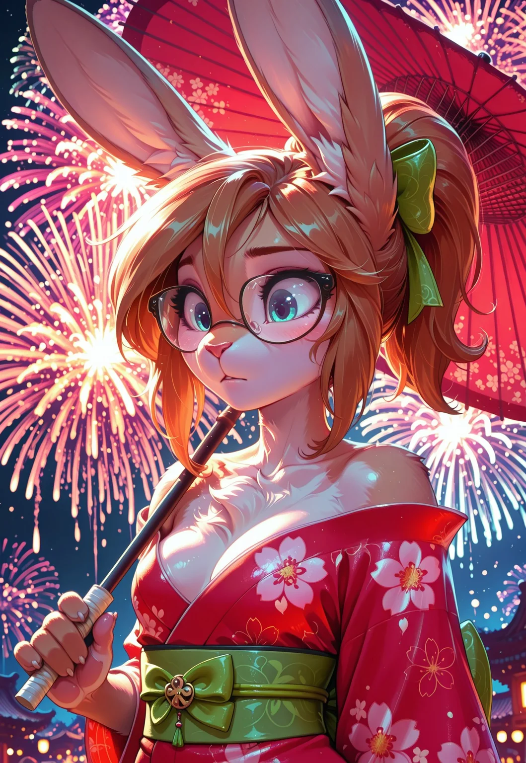 safe_pos, masterpiece, best quality, speed, solo, Maddy, 1girl, furry female, rabbit girl, rabbit ears, animal nose, long hair, brownhair, ponytail, hair bow, glasses, blue eyes, body fur, two-tone fur, grey fur, white fur, chest fur, freckless, small breasts, red kimono, fabulous yukata, shiny silk kimono, off-shoulder kimono, floral print, floral pattern, green wide belt, oil-paper umbrella, red umbrella, see-through silhouette, see-touch umbrella, looks down and to the left, shy, blush, action, dynamic, legend, whitewash, reflecting in glasses, fireworks reflected in glasses, see-touch umbrella background, fireworks festival, night, back light, rim lighting, high-definition, masterpiece, best-quality, 4k, 2k, aburdres, rdf01, toon \(style\).