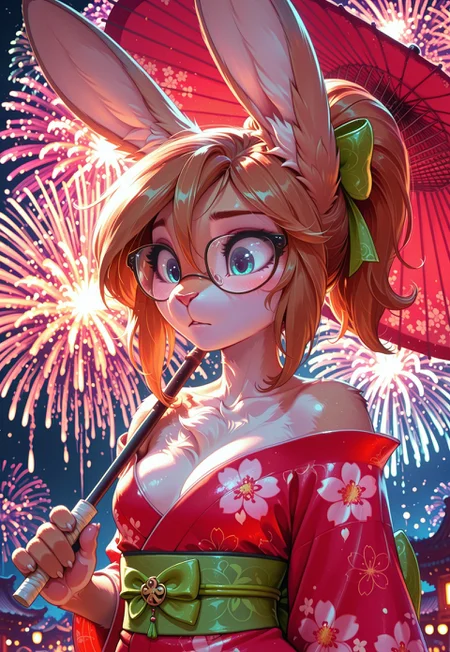 safe_pos, masterpiece, best quality, speed, solo, Maddy, 1girl, furry female, rabbit girl, rabbit ears, animal nose, long hair, brownhair, ponytail, hair bow, glasses, blue eyes, body fur, two-tone fur, grey fur, white fur, chest fur, freckless, small breasts, red kimono, fabulous yukata, shiny silk kimono, off-shoulder kimono, floral print, floral pattern, green wide belt, oil-paper umbrella, red umbrella, see-through silhouette, see-touch umbrella, looks down and to the left, shy, blush, action, dynamic, legend, whitewash, reflecting in glasses, fireworks reflected in glasses, see-touch umbrella background, fireworks festival, night, back light, rim lighting, high-definition, masterpiece, best-quality, 4k, 2k, aburdres, rdf01, toon \(style\).

