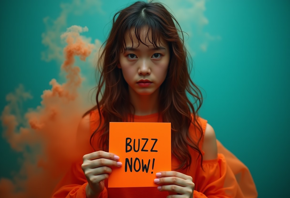 "minimal soft studio light photography of a east asian girl with a messy  wavy long hair and appears to be wet, red and dripping. dressed in a gown made of orange smoke, she looked at the camera with a angry look, her hand hold a note with text \"BUZZ NOW!\". A surreal, abstract portrait with swirling, ethereal teal and dark orange colors of smoke, creating a dreamlike and mystical atmosphere, high detail, solid bold color background"