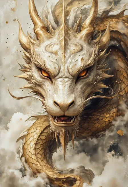 Dragon
Futuristic and Vintage stylized
magical, ,bright, , Magical beautiful background fantasy, hyper-detailed hypermaximalist dynamic style
Scales texture style, realism, detailed,
Dramatic lighting
Cinematic
Epic composition
Magical background
ArsMJStyle, Zen Ink Wash Sumi-e
bo-golden
White background
, asian architecture