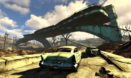broken overpass,<lora:falloutlandsdxl:0.8>, falloutlandsdxl, landscape, best quality, masterpiece, retro-fruturistic cars, fallout 3