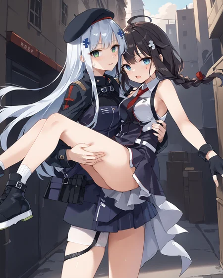 HDA_MasterpieceXLclassic, 2girls, bridal carry, rating_safe, yuri,
1girl,  <lora:hk416.pony:0.9> hk416, def, white long hair, uniform, beret carrying person,
1girl,  <lora:[PonyXL] Shigure Kai (ZESUMI):0.9> shigurekaisanKC, black hair, single braided low ponytail, hair ornament, ahoge, pleated skirt, black gloves, black thighhighs, fingerless gloves, black skirt, sleeveless shirt, single braid, red necktie, two-tone shirt, hair over shoulder, hair flaps, white belt, being carried,