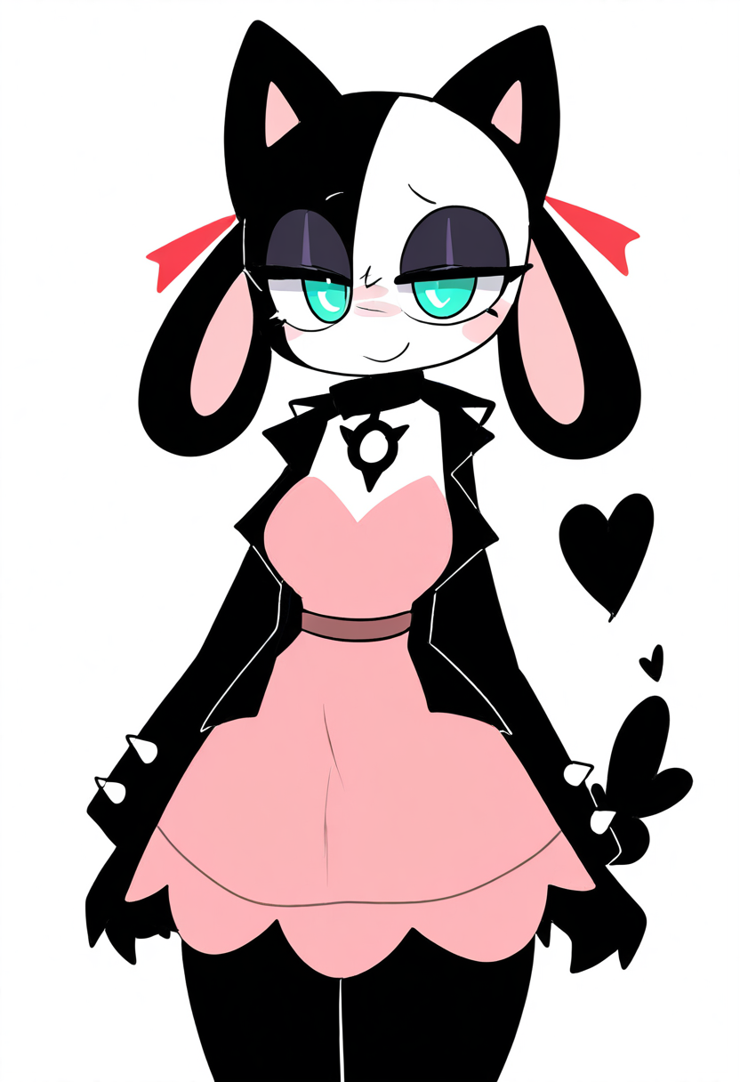 (masterpiece, best quality, good quality, very aesthetic, absurdres, newest:1.2), (curvy, medium breasts),  zzMarnie, aqua eyes,  black choker, red ribbon, pink dress, jewelry, black jacket, open clothes, long sleeves,  ,<lora:MarniePokemon_NAI_v2:1.0>,, smile, looking at viewer, cowboy shot,  ,<lora:ToonCAT_NAI:1.0>,