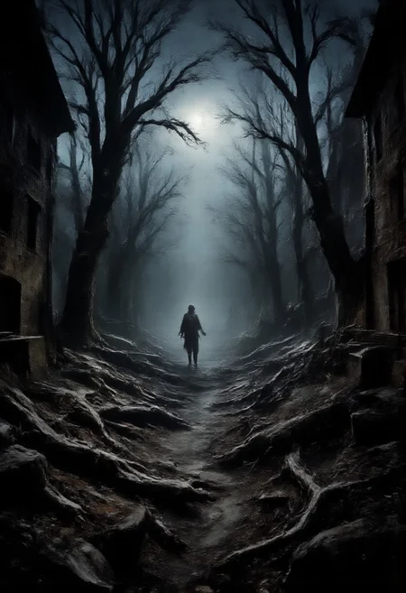 a haunted forest, cemetery, a ghost walking around, night, broken sticks and dry leaves everywhere, a mud house indistinct at far distance in background, smoke and fog, moonlight, DarkAtmosCE style, monster, nightmare, fear