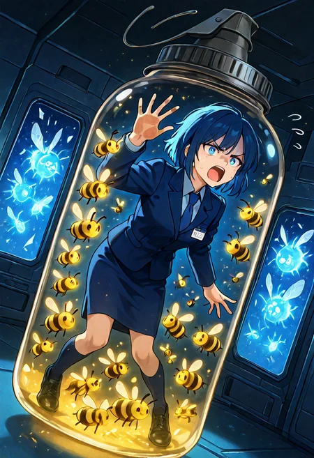 masterpiece, best quality, absurdres, newest, (1boy:1.3), (bee grenade jar:1.4), (jar falling from hand:1.4), (swarm of glowing bees:1.5), (funny panic anime face:1.2), (comedic chaos:1.3), 
(sweat drops:1.3), dramatic lighting, 
 motion lines, cinematic shot,
floating at the void of space,
outdoor
out of the earth
stars
surface of earth sphere in the dark
dynamic angle, mid-action, exaggerated face, background chaos, glass shards in air, glowing bees, volumetric lighting, full body, (emphasis on full body and bees:1.3) 
legs apart
leaning forward
palms  pushing on inside jar wall
standing
shouting
serious
turn pale
(open mouth:1.3)
small iris
open eyes
<lora:dmd2__4step_lora:1> <lora:bee_grenade:1>
HildaBidan, blue eyes, blue hair, short hair,
suit, military uniform, blue necktie, blue jacket, blue skirt, pencil skirt, name tag,
concept_pij, inside container,
bottle, jar, inside glass,
high cheekbone
elder middle age face
not girl