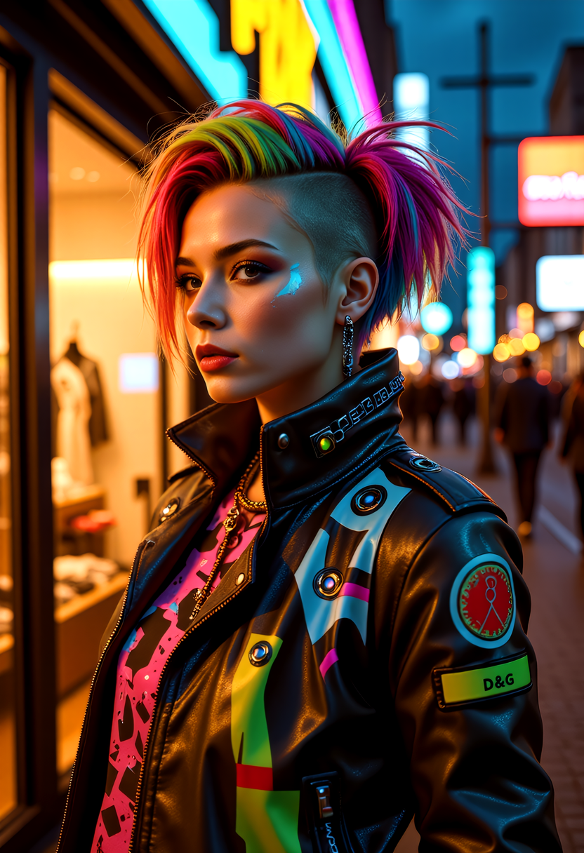 avantgardepunk style. Cutting-edge fusion of art, music, fashion, and technology featuring bold, colorful patterns, distorted proportions, abstract shapes, augmented mechanical enhancements. Include punk-inspired hairstyles, makeup, accessories, and an atmosphere of creativity and rebellion. at sunset, a cyberpunk_2077 person stands proudly outside a futuristic D&G-style boutique, sleek carbon fiber mechanical arms, atmospheric perspective, hairstyle a riot of colorful spikes and dye, augmented enhancements visible, glowing circuits and fiber-optic strands and LEDs of pulsing with energy, and explosion of creative chaos, vibrant colors and bold outlines, style of Wayne Barlowe meets Jean-Paul Goude  <lora:flux_trainer/avantGardePunk_v1.safetensors:1.0>,   <lora:art and styles/MysticFantasy.safetensors:1.0>,  <lora:Fluxartis 28.11A.safetensors:1.0>, ,