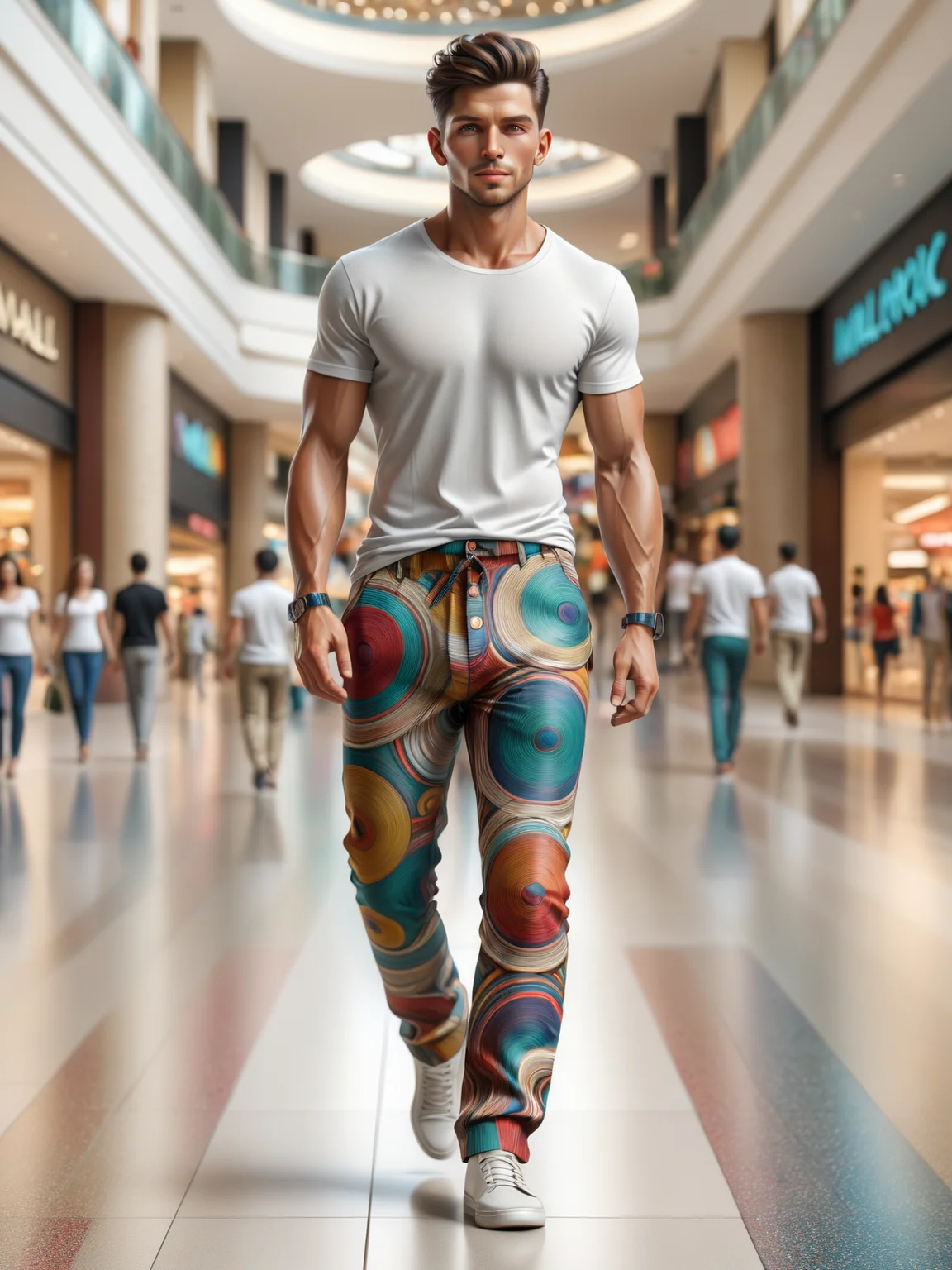 man wearing a colorful mad-circle pants and white tshirt walking through mall, dynamic pose <lora:Colorful_Circles_SDXL:0.8>, (masterpiece:1.2), best quality, (hyperdetailed, highest detailed:1.2), high resolution textures