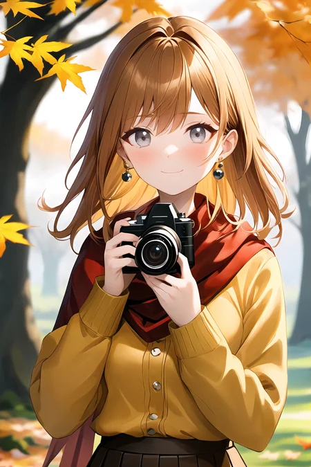 (best quality, masterpiece:1.2) 1girl, solo, autumn leaves, holding camera, autumn, brown hair, looking at viewer, blush, red scarf, outdoors, long sleeves, maple leaf, upper body, blurry background, depth of field, earrings, sleeves past wrists, sweater, medium hair, blurry foreground, grey eyes, tree, covered mouth, brown skirt, day, buttons, pleated skirt