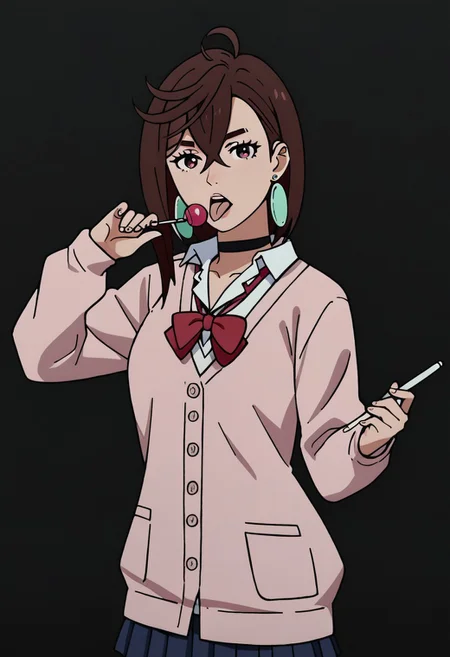 score 9, score 8 up, score 7 up, score 6 up, masterpiece, source anime, high quality, black background, looking at viewer, ayase, medium_hair, brown_hair, hair_between_eyes, ahoge, red_eyes, earrings, black_choker, school_uniform, collared_shirt, white_shirt, pink_cardigan, standing, flashing pantys, licking lollipop,