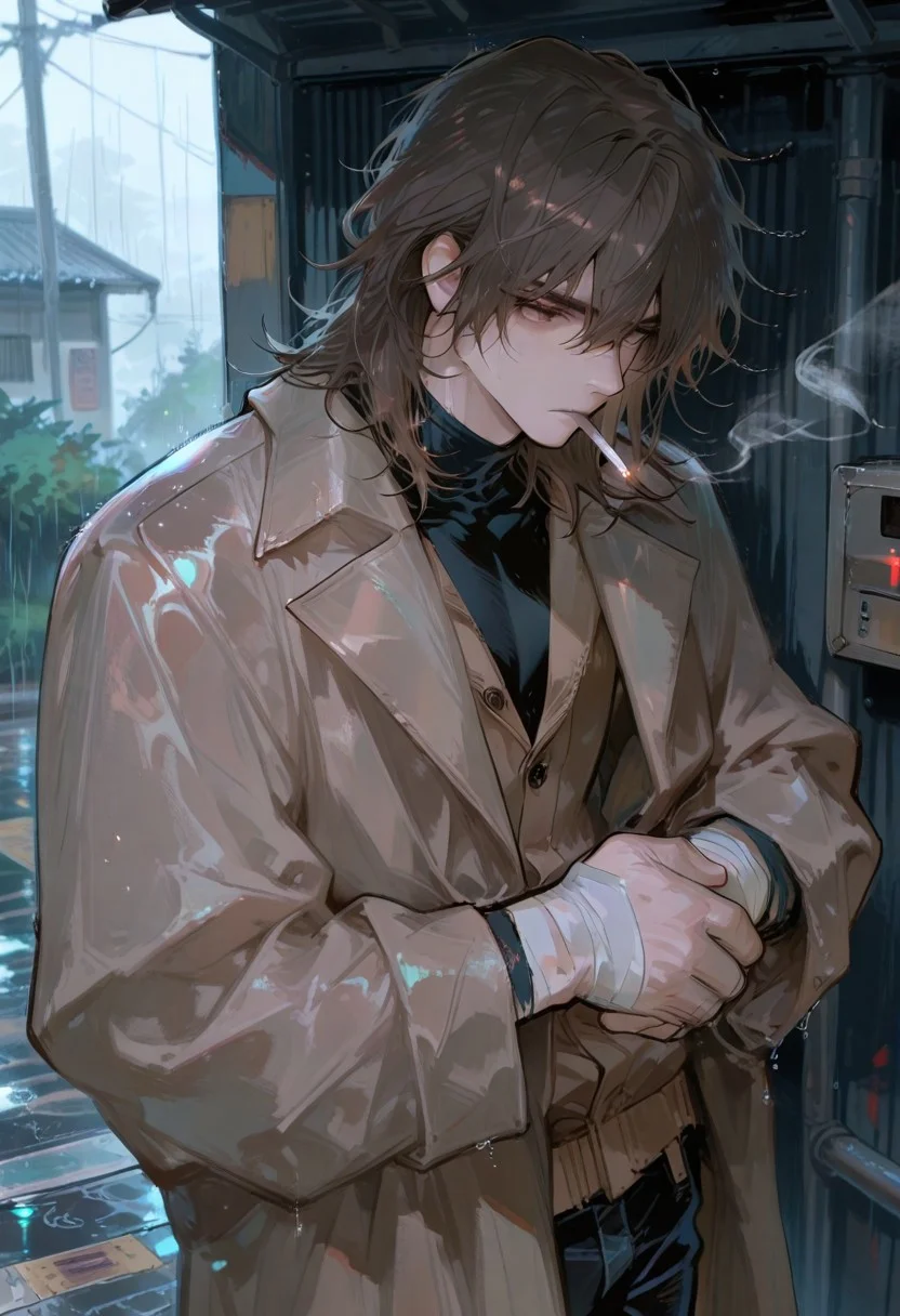 masterpiece, newest, absurdres, safe, Solo, high detailed, male, handsome masculine male, Masculine male. Handsome Male,dark-brown hair,black jeans,black undershirt,brown coat,bandages hands,masculine,cigarette,rain,messy hair,medium hair
