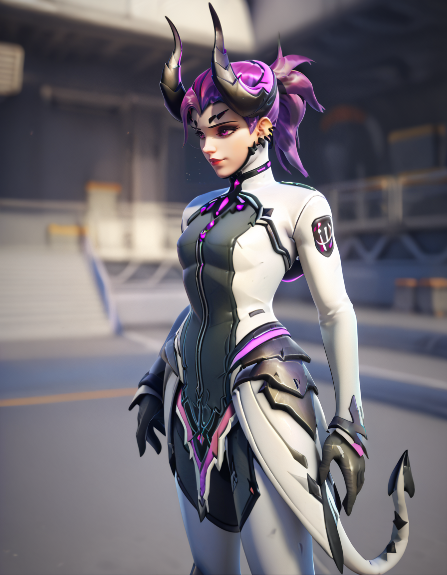 score_9, score_8_up, score_7_up, Masterpiece, high-res, 2k, best quality, 3d, 1girl, mercy (overwatch), imp mercy , purple hair , white bodysuit, tail  <lora:Devil_imp_mercy_pony-000040:1> Hands on the waist looking to the side