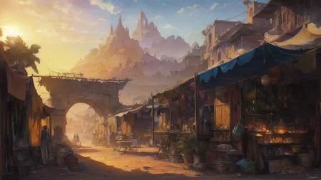 wide shot, desert town, oasis, palm trees, sunrise, adobe, dirt streets, long shot of people, bright colored awnings, shop stalls, bazaar, stone well, town square, <lora:FantasyLandscape:.6>, <lora:epi_noiseoffset2:.4>, art by evan cagle and greg rutkowski,