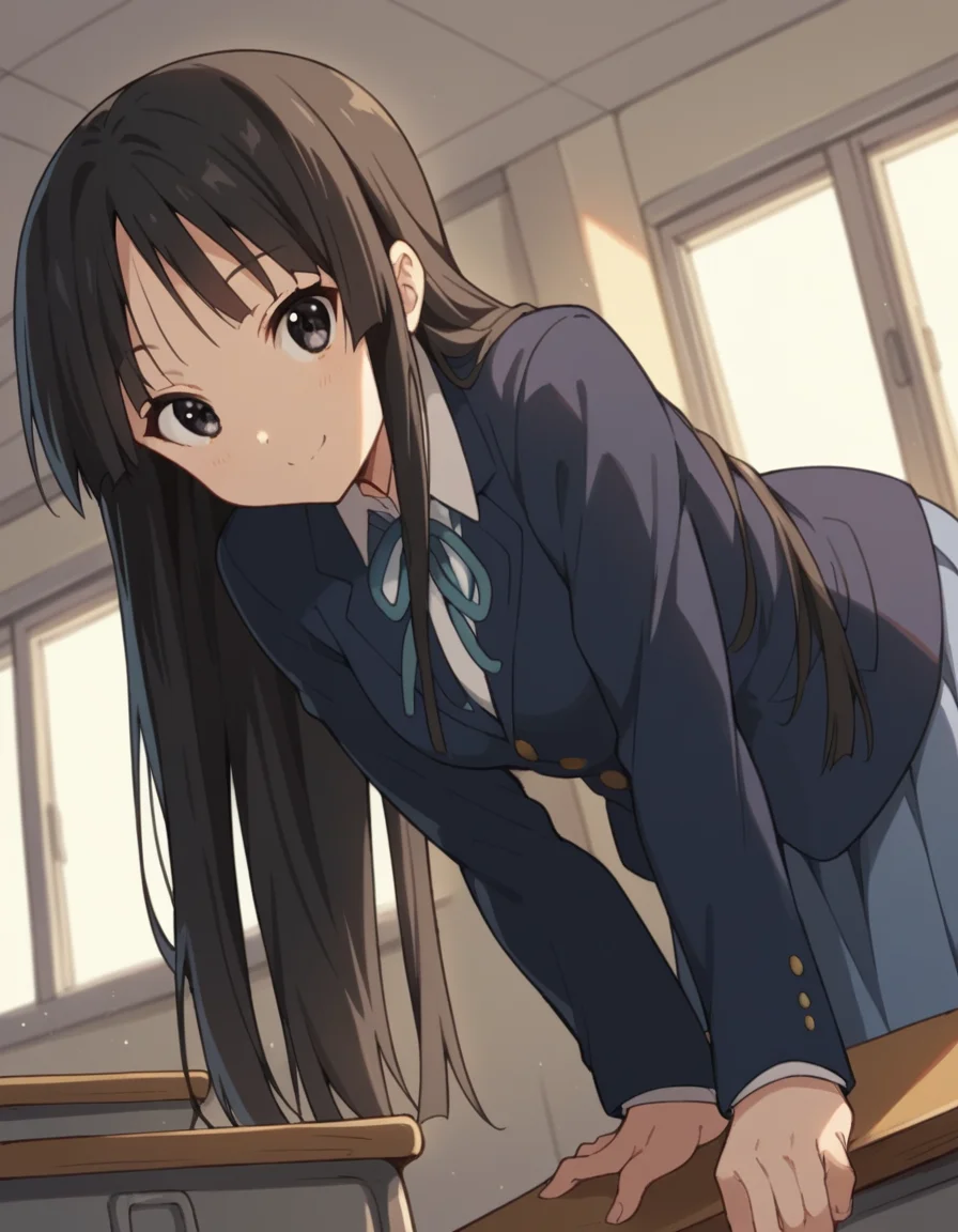 score_9, score_8_up, score_7_up, source_anime,
mioakiyama, <lora:mio-akiyama-s2-ponyxl-lora-nochekaiser:1>,
mio akiyama, long hair, bangs, black hair, black eyes, hime cut,
sakuragaoka high school uniform, school uniform, uniform, blazer, shirt, white shirt, collared shirt, skirt, pleated skirt,
indoors, classroom, bent over, smile,
looking at viewer, cowboy shot, dutch angle, solo,