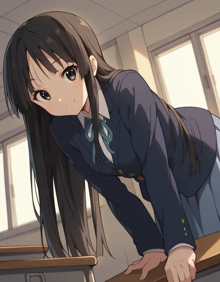 score_9, score_8_up, score_7_up, source_anime,
mioakiyama, <lora:mio-akiyama-s2-ponyxl-lora-nochekaiser:1>,
mio akiyama, long hair, bangs, black hair, black eyes, hime cut,
sakuragaoka high school uniform, school uniform, uniform, blazer, shirt, white shirt, collared shirt, skirt, pleated skirt,
indoors, classroom, bent over, smile,
looking at viewer, cowboy shot, dutch angle, solo,