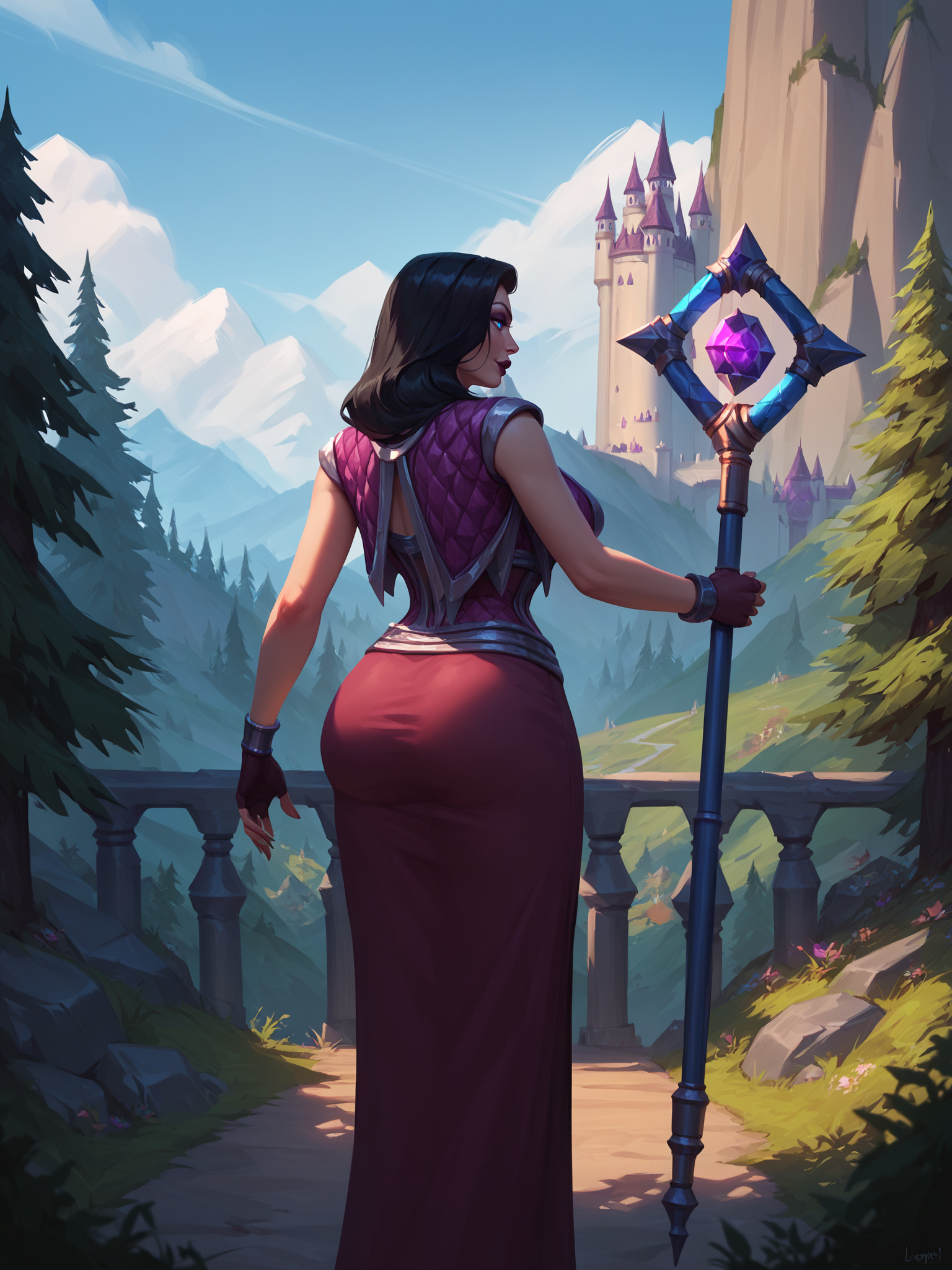score_9, score_8_up, score_7_up, score_6_up, source_anime,
Onyxia is standing on top of castle, looking at another, facing away, holding staff,
1girl, mature female, (solo:1.1),
confident,
black hair, long hair, blue eyes, thick lips, makeup, lipstick, bracelet,
robe, crop top, fingerless gloves,
curvy, large breasts, thighs,
outdoors, mountains, forest, meadows, 
<lora:Onyxia3216PDXL:1>