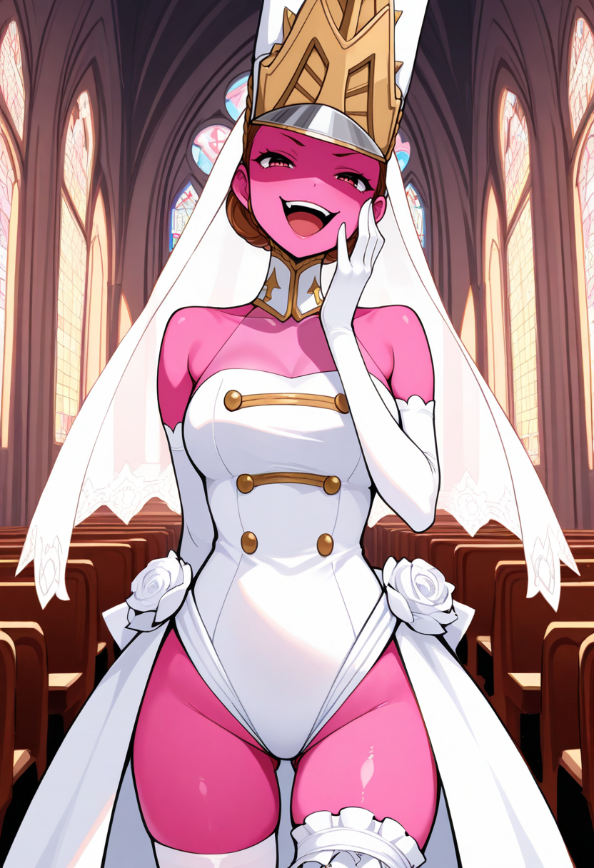 masterpiece, best quality, 1girl, looking at viewer, cowboy shot, smile, town square, church, hand on face, laughing, dominant female, smug
 <lora:zs_MarieILLU_1:1> mariep5t,  pink skin, hair bun, brown hair, short hair, veil, leotard, wedding dress, elbow gloves, thighhighs,