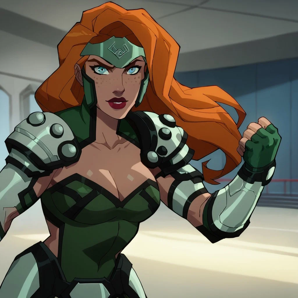 score_9, score_8_up, score_7_up, 1girl, solo, lipstick, orange hair, long hair, freckles, blue eyes, cleavage, fingerless gloves, headpiece, armor, leotard, Knockout (dc), looking at viewer, indoors, fighting stance