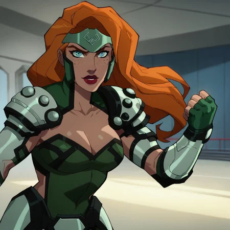 score_9, score_8_up, score_7_up, 1girl, solo, lipstick, orange hair, long hair, freckles, blue eyes, cleavage, fingerless gloves, headpiece, armor, leotard, Knockout (dc), looking at viewer, indoors, fighting stance