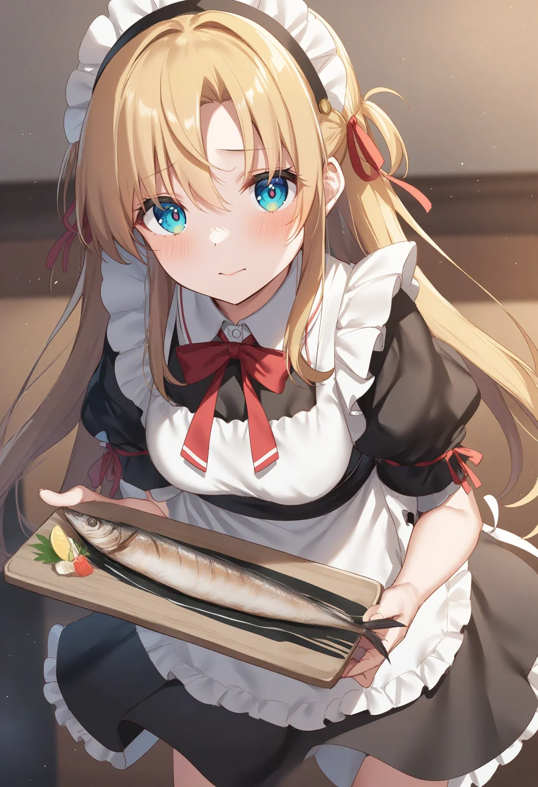 1girl,sincos, ningen mame, toosaka asagi,solo,medium breasts,20yo,maid,maid headdress,
saury, fish, apron, food, tray,holding tray,indoors, <lora:saury_XL_v1:0.8>
ceiling, cowboy shot, looking up, blonde hair, brown eyes,flustered, closed mouth, french hair,,
best quality, very aesthetic, absurdres